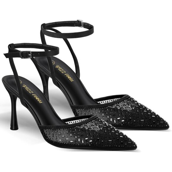 Pizz Annu Women's Black Stiletto Closed Toe Mesh Sparkly Rhinestones High Heels - Picture 2 of 8